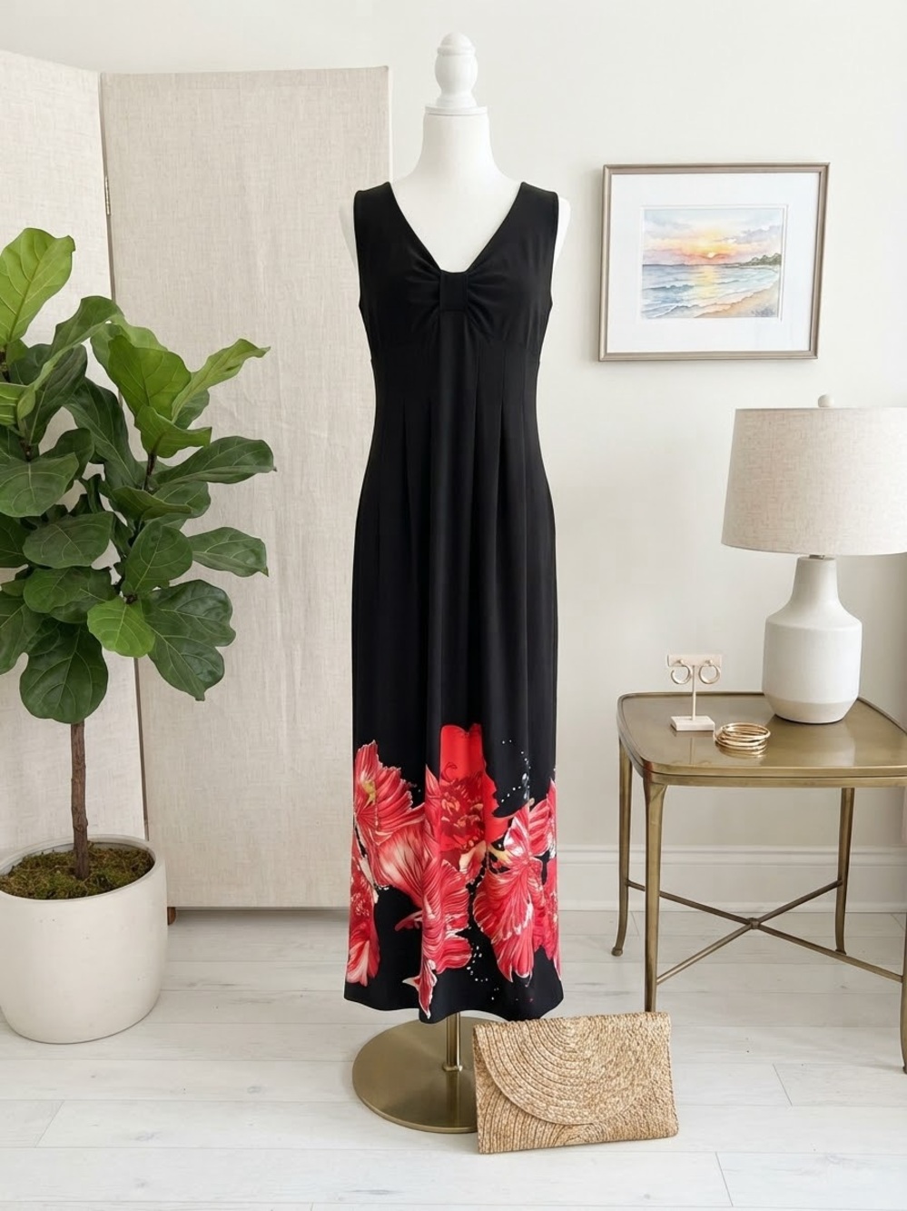 Tiana B Y2B black & red floral maxi dress ladies size large sleeveless empire